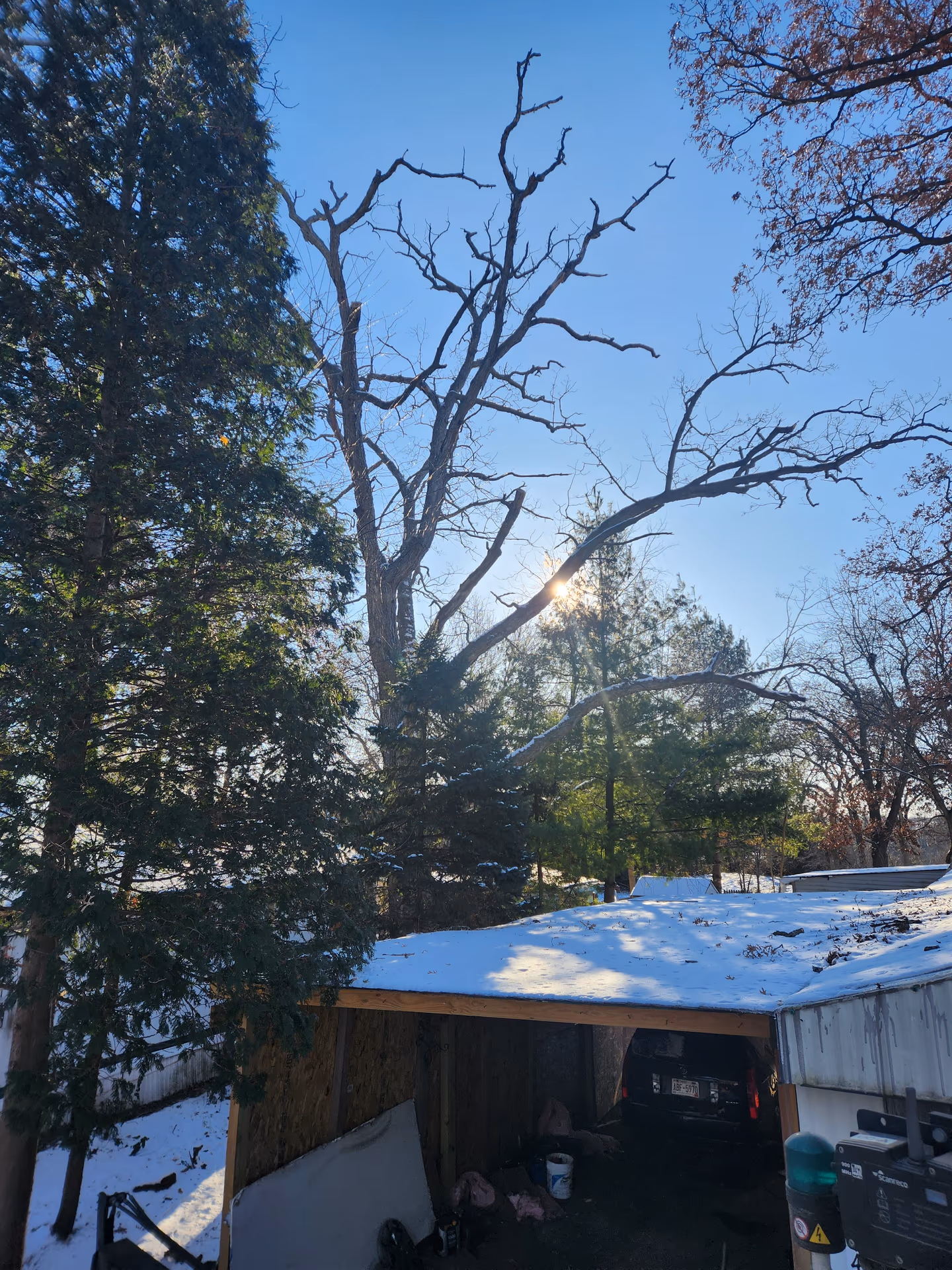 Emergency crane setup for a hazardous tree over a home in winter