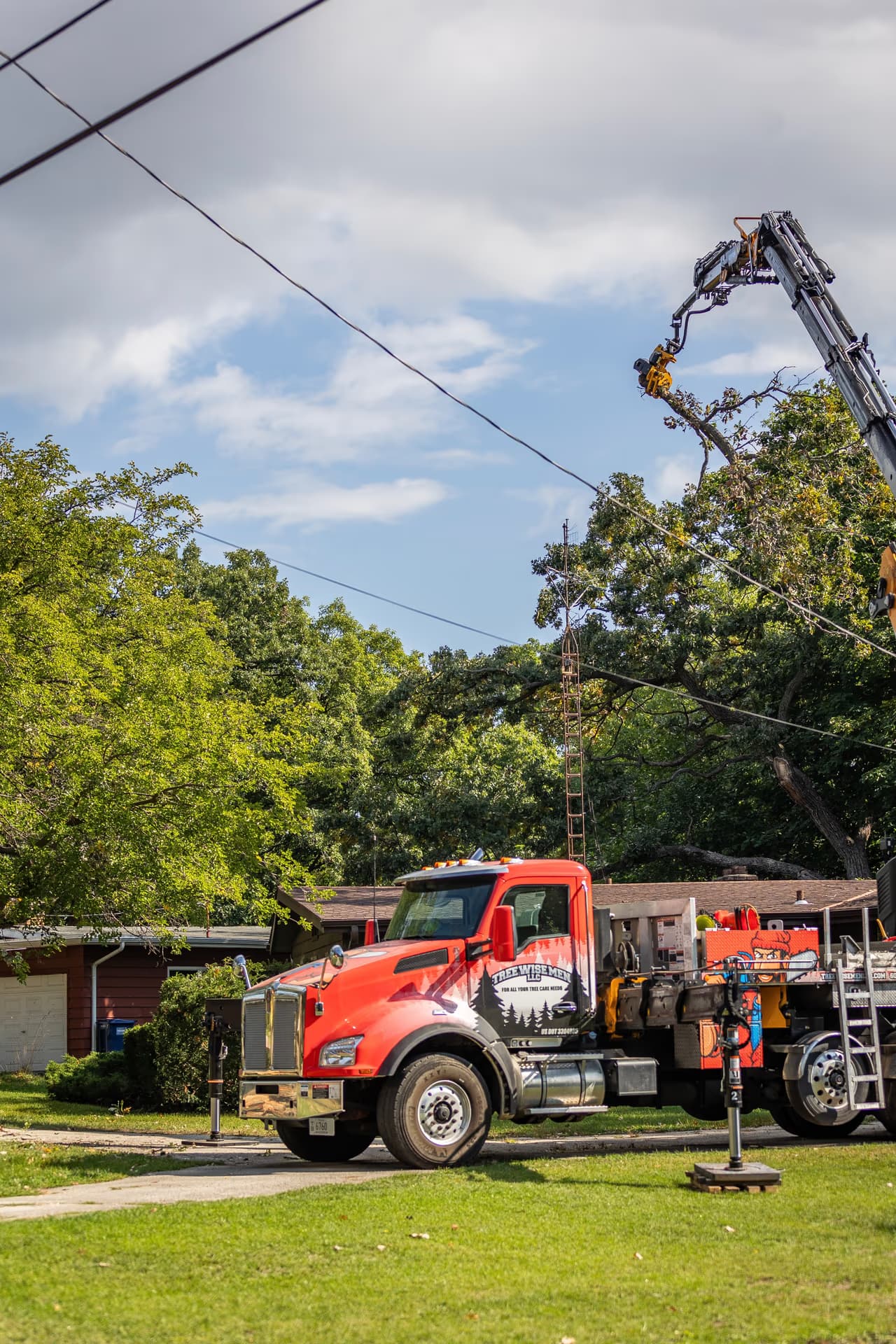 Crane-assisted tree removal in a residential backyard in Dane County, Wisconsin