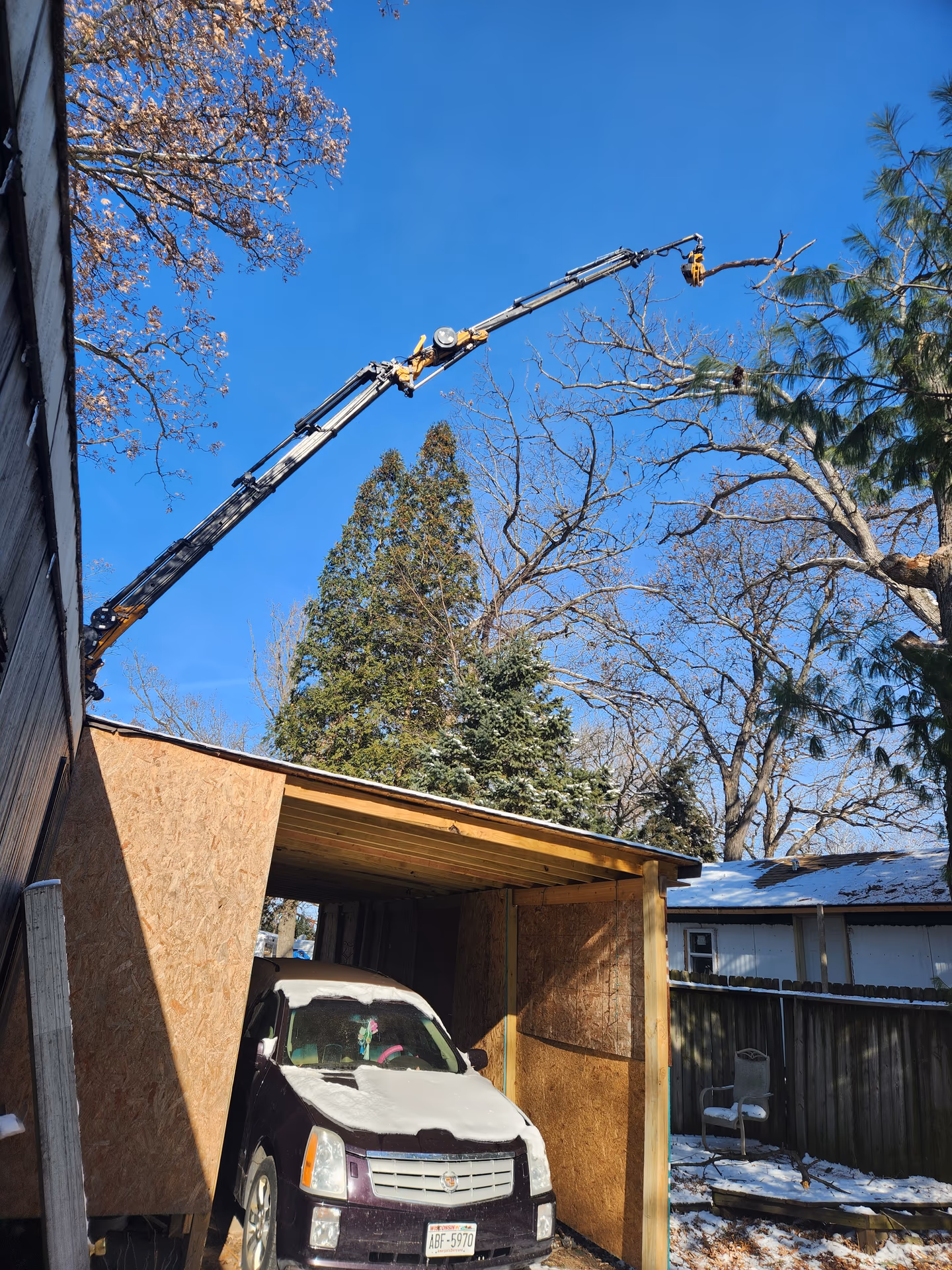 Crane-assisted removal of a large dead oak trunk