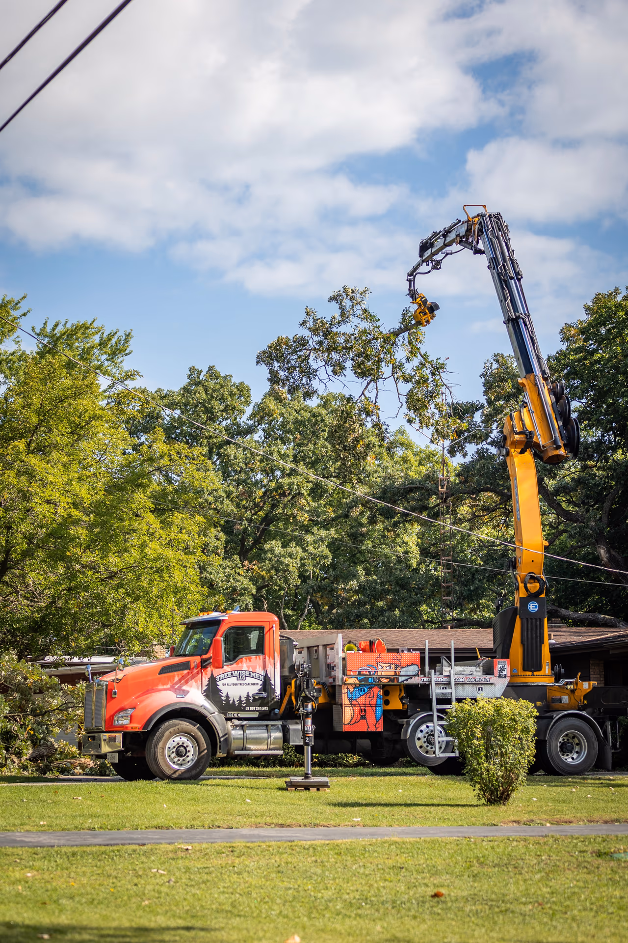Grapple saw crane boom positioned for a fallen tree removal