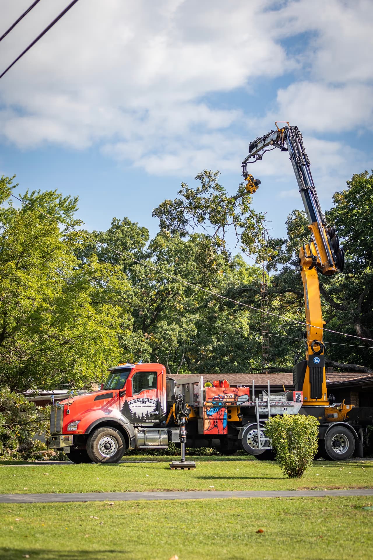Grapple saw crane boom positioned for a fallen tree removal